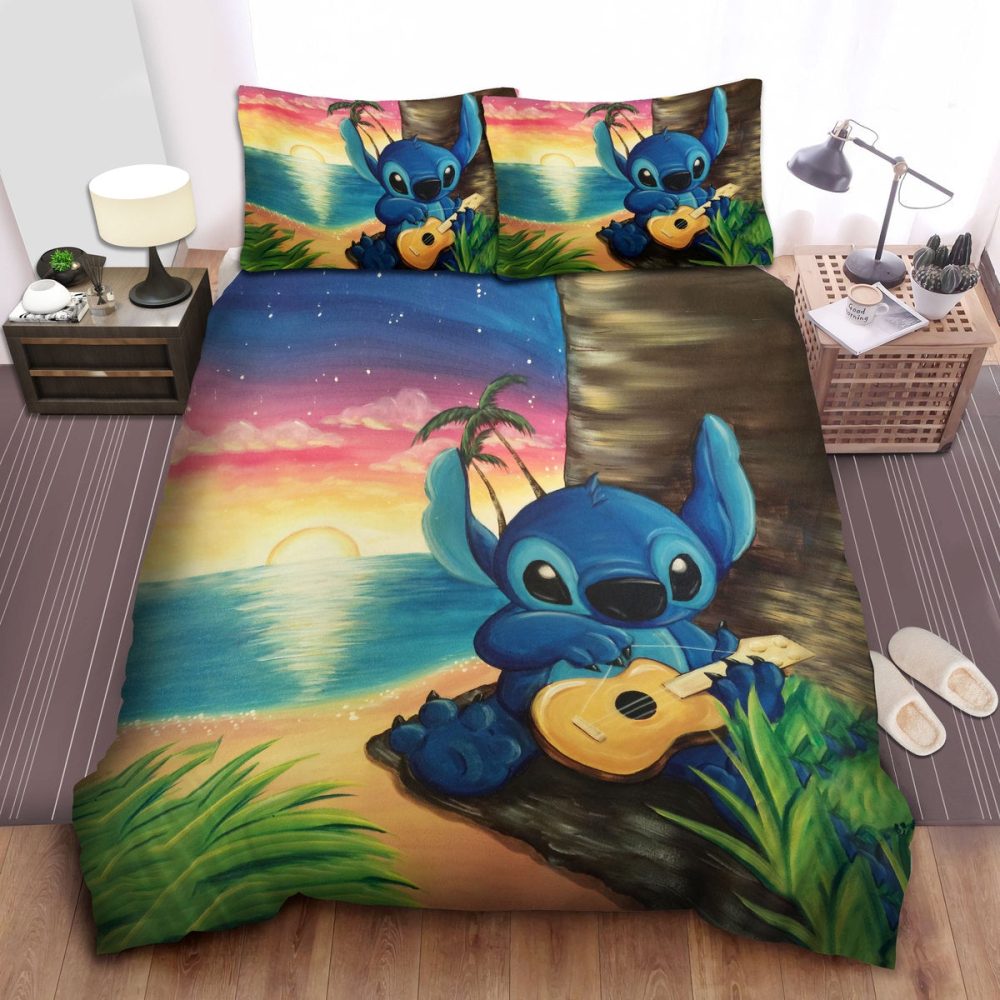 Lilo And Stitch Bedding Set Stitch Playing Ukulele On Sunset Bedding Set Covers Colorful Unique Gift