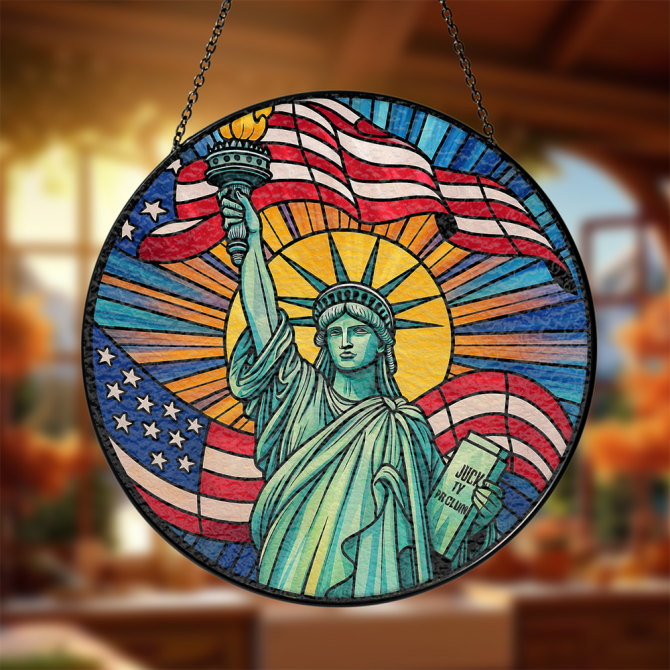 Stunning Stained Glass: Statue Of Liberty Sun Catcher With American Flag - Patriotic Home Decor
