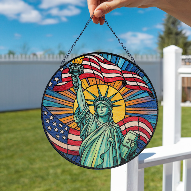 Stunning Stained Glass: Statue Of Liberty Sun Catcher With American Flag - Patriotic Home Decor - Image 2
