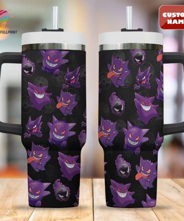 Custom Name Purple Ghost Pattern Tumbler With Handle & Straw – Fun Drinkware Gift