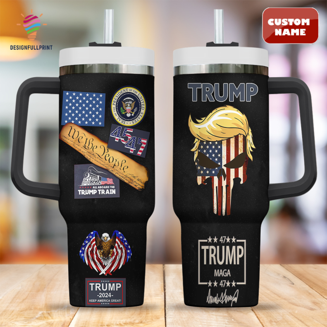 Custom Trump Tumbler With Handle – Patriotic Design, Personalized Name Option, 32Oz Travel Mug