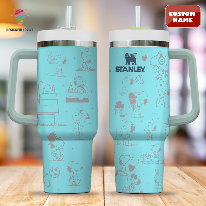 Custom Name Snoopy Stanley Tumbler - Blue Graphic Design, 40Oz Insulated Mug With Handle