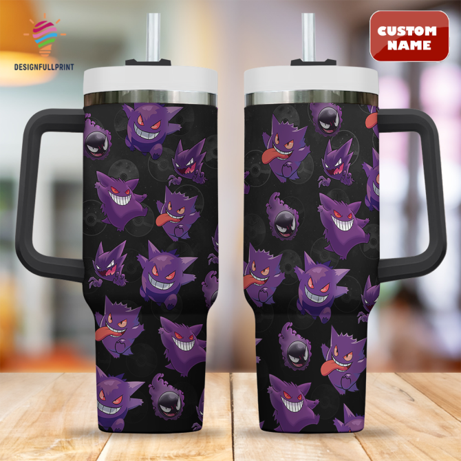 Custom Name Purple Ghost Pattern Tumbler With Handle & Straw – Fun Drinkware Gift