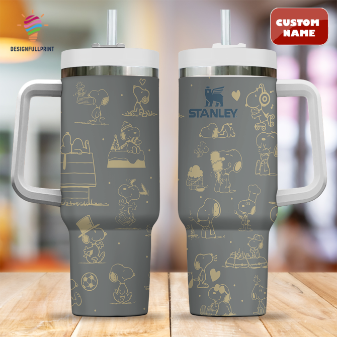 Custom Name Snoopy Tumbler - Insulated Stanley Mug With Handle & Straw, 20Oz