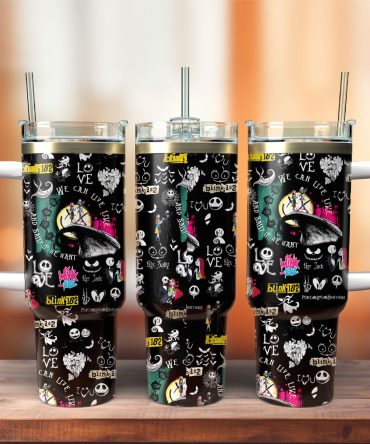 Blink-182 & Nightmare Before Christmas Tumbler - Stainless Steel Insulated Mug With Handle & Straw
