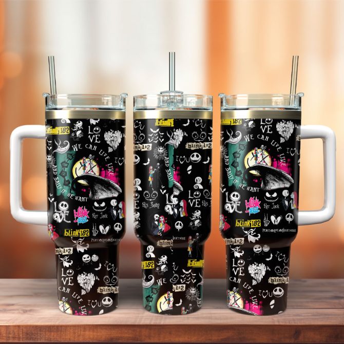 Blink-182 & Nightmare Before Christmas Tumbler - Stainless Steel Insulated Mug With Handle & Straw