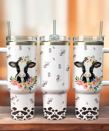 Floral Cow Print Insulated Tumbler With Handle & Straw - 20Oz Travel Mug Gift