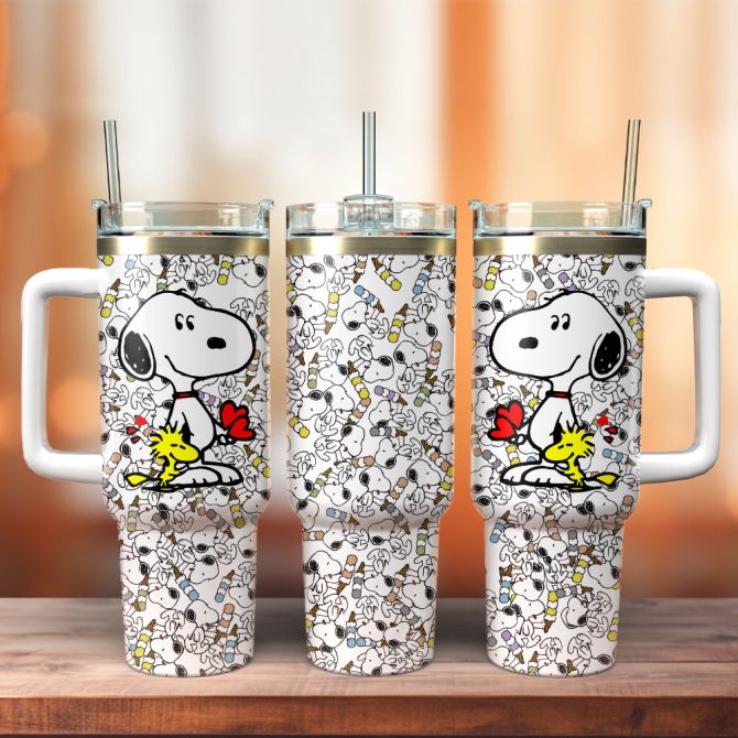 Charming Snoopy & Woodstock Travel Mug - Insulated, Spill-Proof, 40Oz Tumbler With Handle & Straw