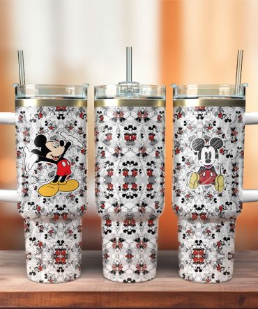 Disney Mickey Mouse Patterned Insulated Tumbler With Straw & Handle - Perfect Gift!