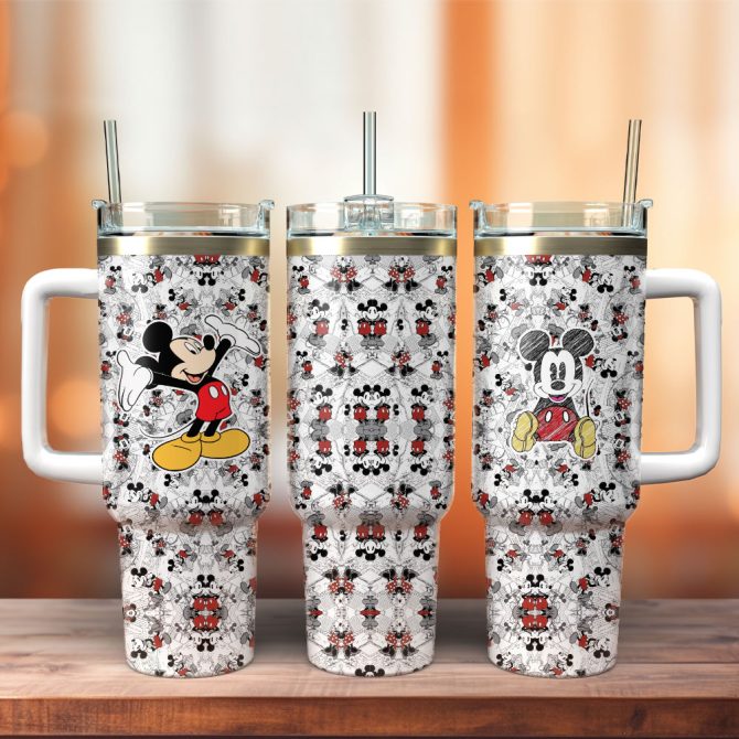 Disney Mickey Mouse Patterned Insulated Tumbler With Straw & Handle - Perfect Gift!