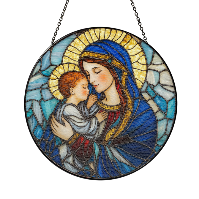 Exquisite Stained Glass Window Hanging - Virgin Mary & Child - Handcrafted Art Decor - Image 3