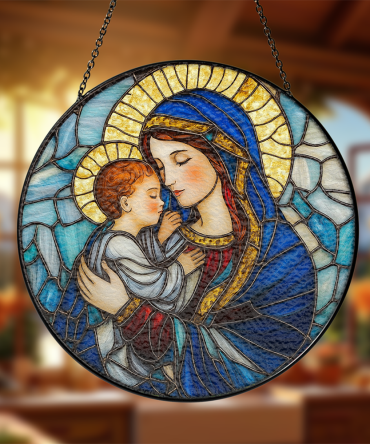Exquisite Stained Glass Window Hanging - Virgin Mary & Child - Handcrafted Art Decor