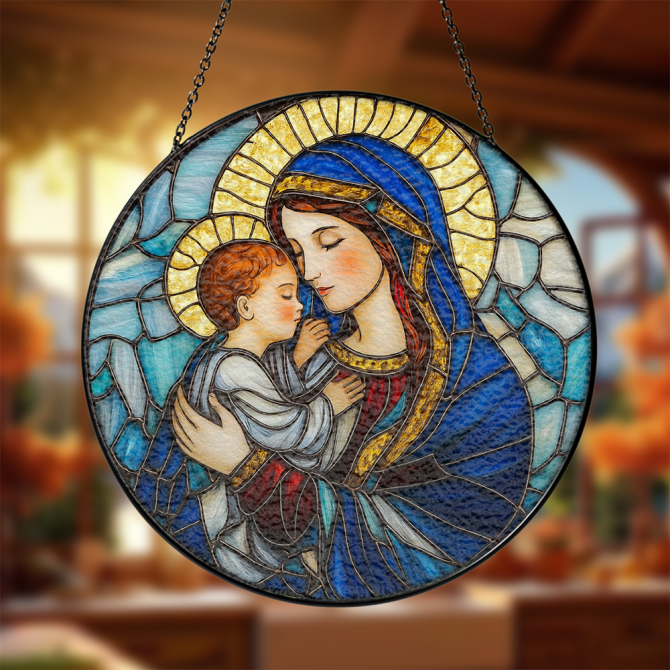 Exquisite Stained Glass Window Hanging - Virgin Mary & Child - Handcrafted Art Decor