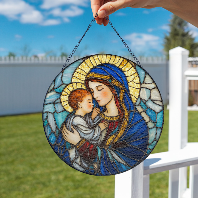 Exquisite Stained Glass Window Hanging - Virgin Mary & Child - Handcrafted Art Decor - Image 2
