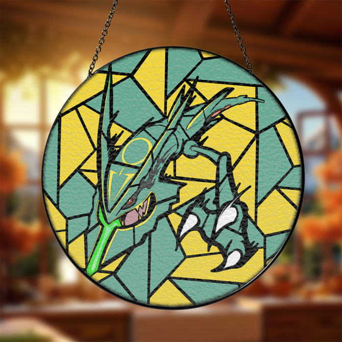 Mega Rayquaza Pokemon Stained Glass Window Hanging Panel Suncatcher Decor