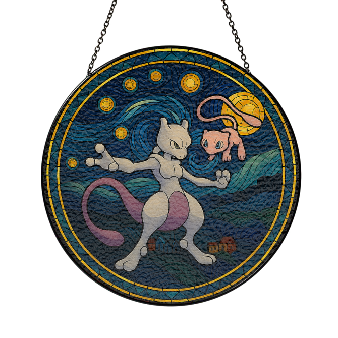 Stunning Stained Glass Style Mewtwo & Mew Hanging Art – Perfect For Pokémon Fans! - Image 3