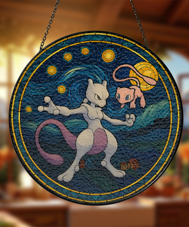 Stunning Stained Glass Style Mewtwo & Mew Hanging Art – Perfect For Pokémon Fans!