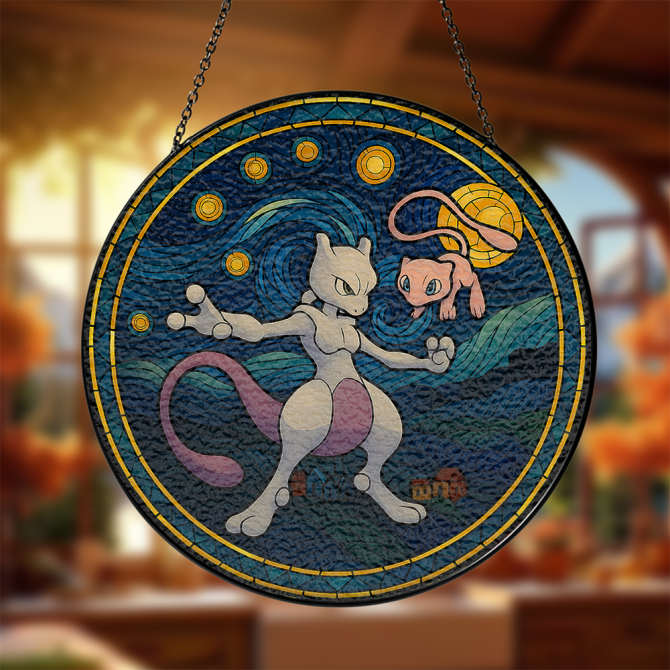 Stunning Stained Glass Style Mewtwo & Mew Hanging Art – Perfect For Pokémon Fans!