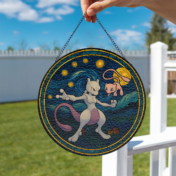 Stunning Stained Glass Style Mewtwo & Mew Hanging Art – Perfect For Pokémon Fans! - Image 2