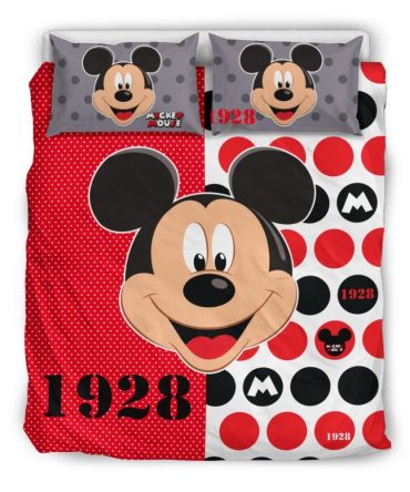 Cozy Mickey Mouse Bedding Set - Kids Twin Size, Red/Black Polka Dot Design, 2 Pillowcases Included