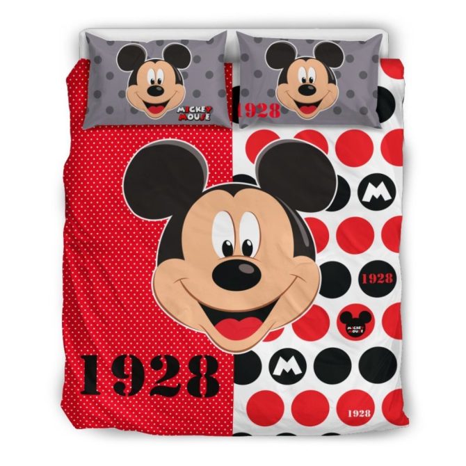 Cozy Mickey Mouse Bedding Set - Kids Twin Size, Red/Black Polka Dot Design, 2 Pillowcases Included