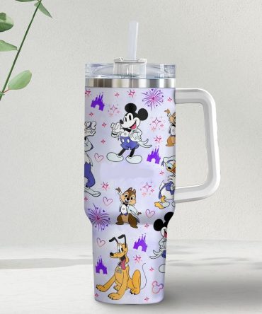 Disney Characters Tumbler With Handle - 40Oz Stainless Steel Insulated Cup With Straw - Mickey, Donald & Friends Design
