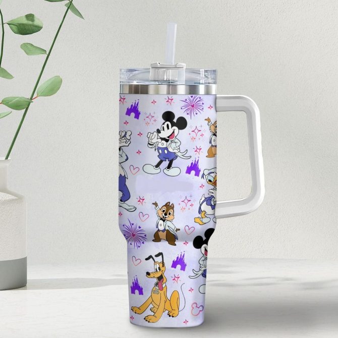 Disney Characters Tumbler With Handle - 40Oz Stainless Steel Insulated Cup With Straw - Mickey, Donald & Friends Design