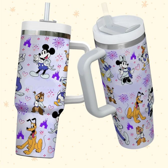 Disney Characters Tumbler With Handle - 40Oz Stainless Steel Insulated Cup With Straw - Mickey, Donald & Friends Design - Image 2
