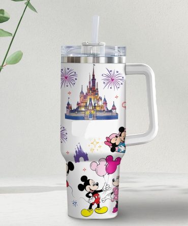 Colorful Disney Castle & Characters Tumbler With Handle - 24Oz Insulated Travel Mug For Kids & Adults