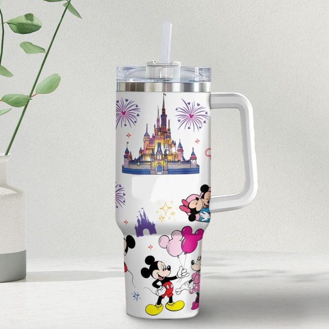 Colorful Disney Castle & Characters Tumbler With Handle - 24Oz Insulated Travel Mug For Kids & Adults