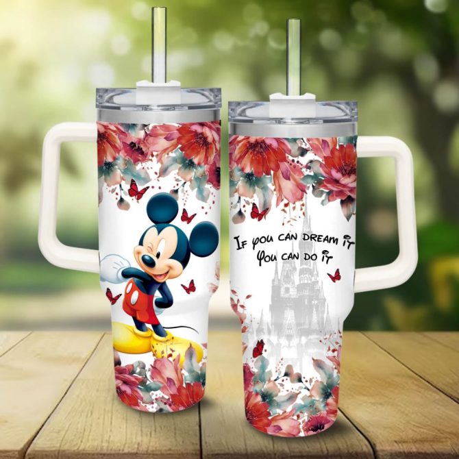 Disney Mickey Mouse Floral Tumbler With Handle & Straw - Inspirational Gift