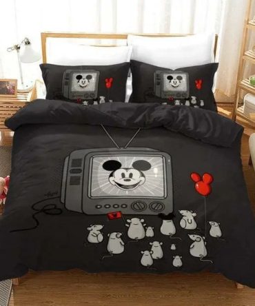 Vintage Cartoon Tv Bedding Set - Cozy Black Duvet Cover With Cute Mouse Design - Full/Queen Size
