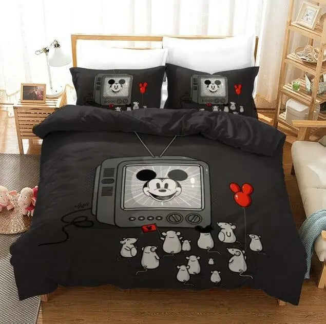 Vintage Cartoon Tv Bedding Set - Cozy Black Duvet Cover With Cute Mouse Design - Full/Queen Size