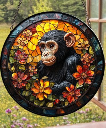 Vibrant Stained Glass Chimpanzee Suncatcher - Handcrafted Window Art Decor With Floral Design