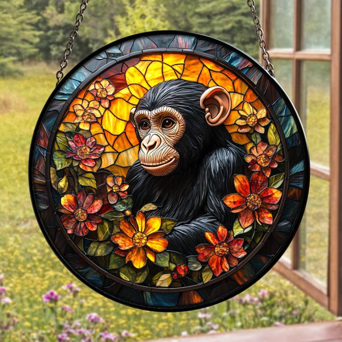 Vibrant Stained Glass Chimpanzee Suncatcher - Handcrafted Window Art Decor With Floral Design