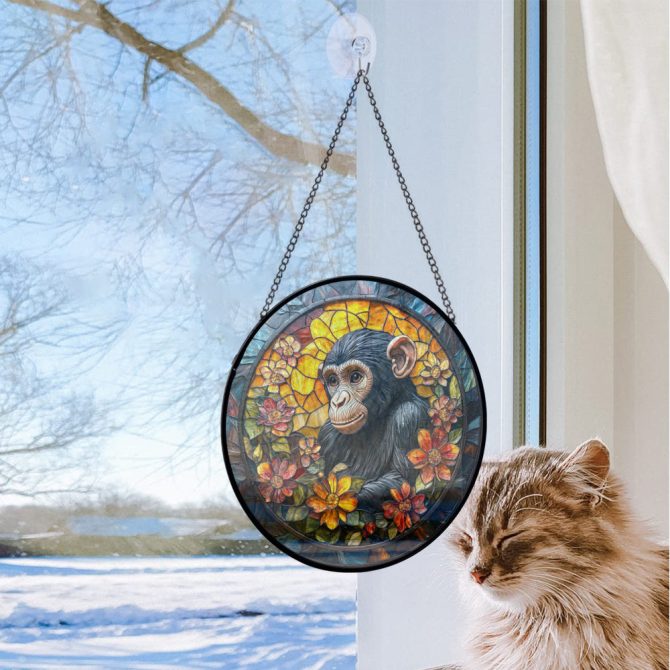 Vibrant Stained Glass Chimpanzee Suncatcher - Handcrafted Window Art Decor With Floral Design - Image 2