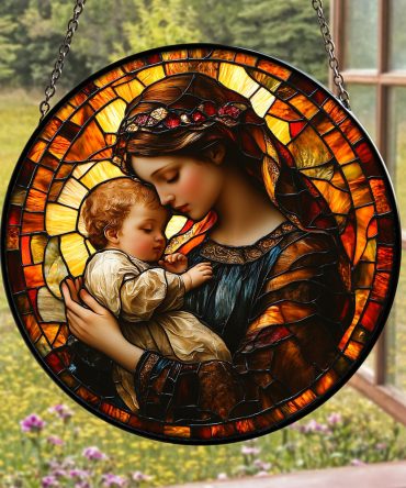 Exquisite Stained Glass Window Panel - Madonna & Child Design - 16 Round Suncatcher For Home Decor