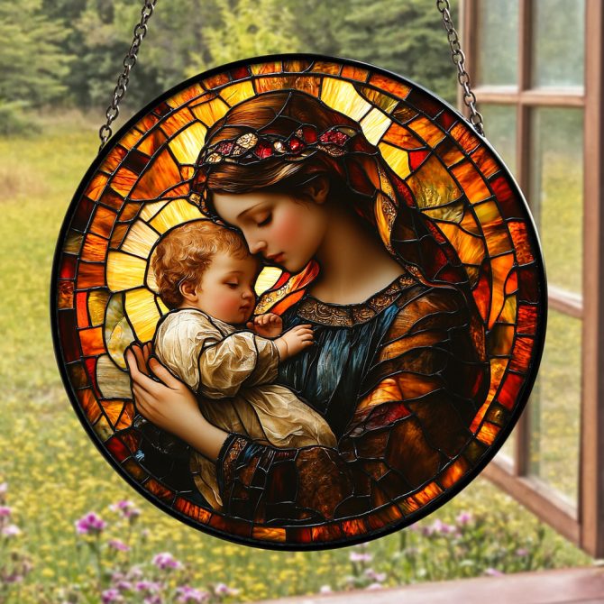 Exquisite Stained Glass Window Panel - Madonna & Child Design - 16 Round Suncatcher For Home Decor