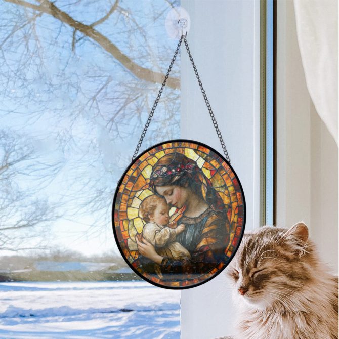 Exquisite Stained Glass Window Panel - Madonna & Child Design - 16 Round Suncatcher For Home Decor - Image 2