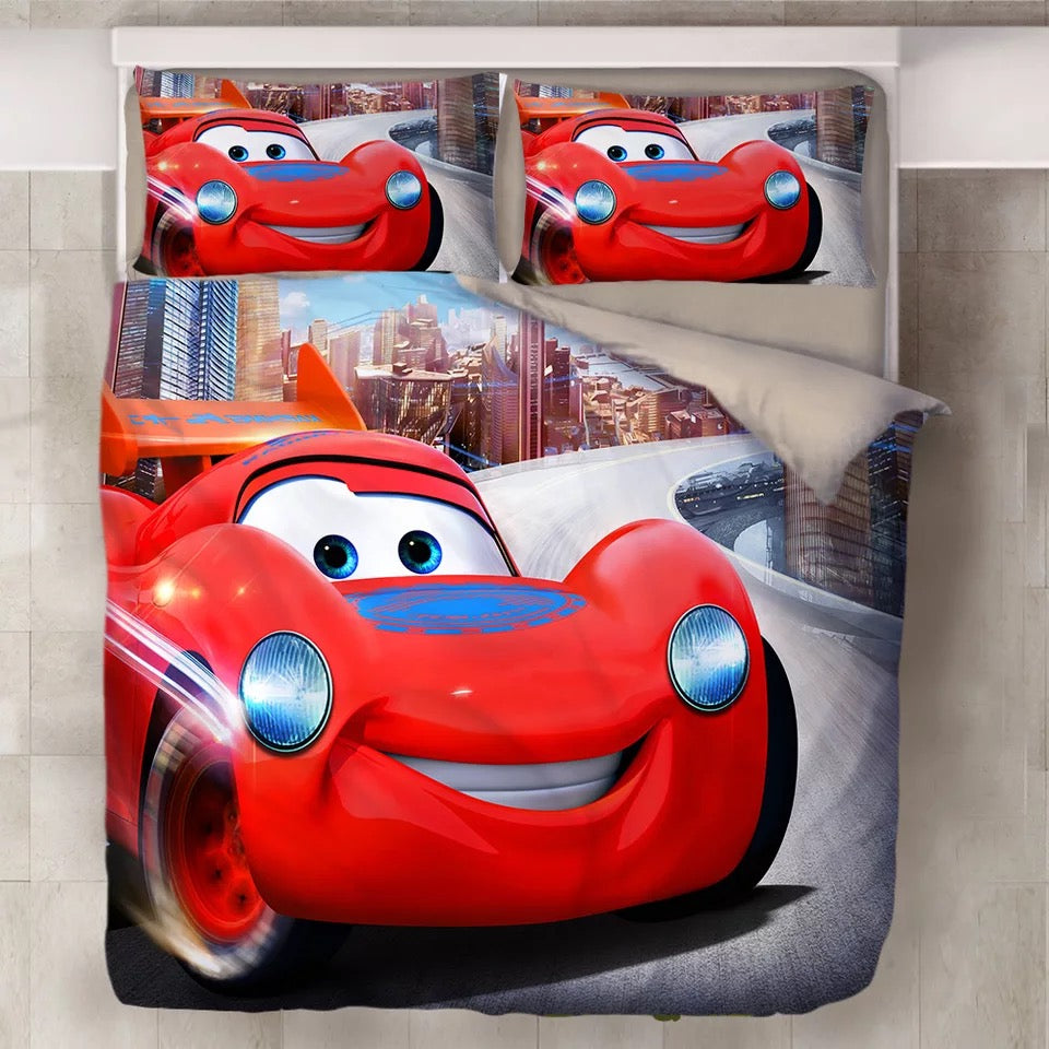 Racing Car Kids' Bedding Set - Twin/Full - Vibrant Red Cartoon Design For Boys' Room