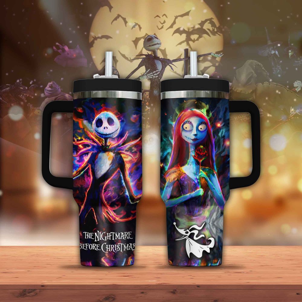 Nightmare Before Christmas Travel Mug – Vibrant Jack & Sally Design – 16Oz Insulated Tumbler With Lid