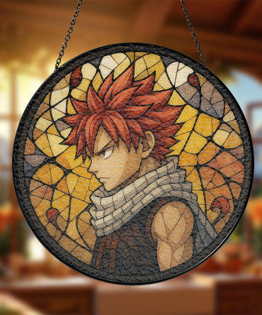Anime Stained Glass Suncatcher - Vibrant Red-Haired Warrior Design For Home Decor