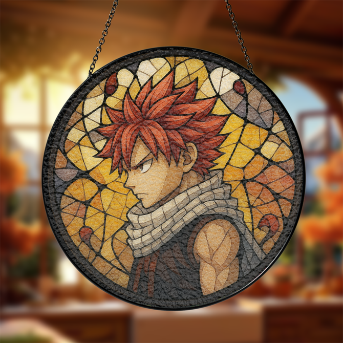Anime Stained Glass Suncatcher - Vibrant Red-Haired Warrior Design For Home Decor