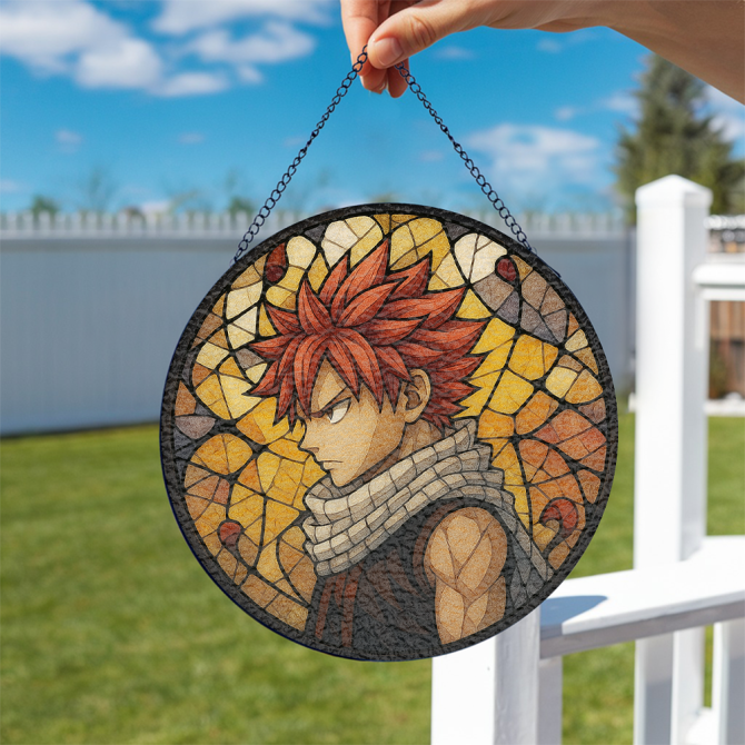 Anime Stained Glass Suncatcher - Vibrant Red-Haired Warrior Design For Home Decor - Image 2