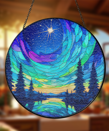 Enchanting Stained Glass Suncatcher - Starry Night Forest Scene For Home Decor