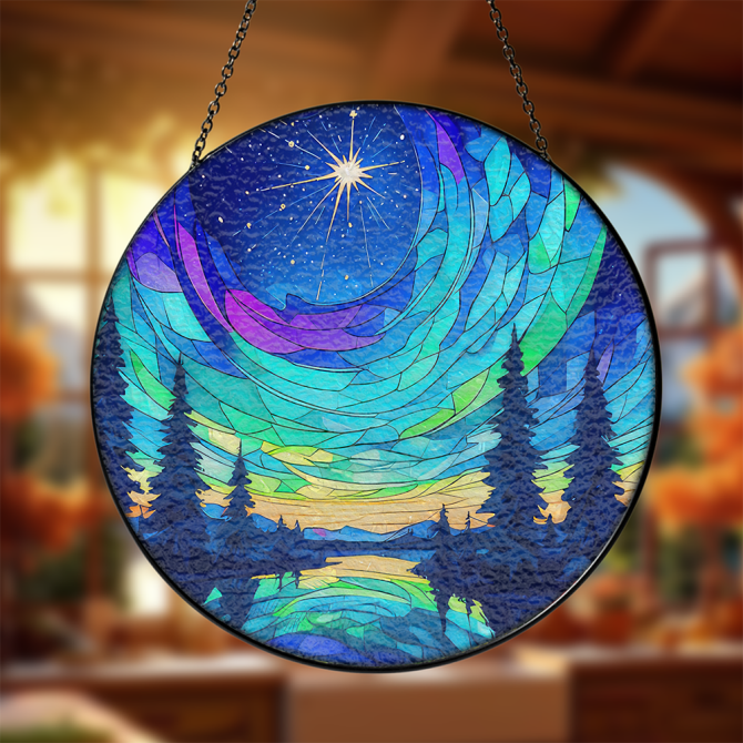 Enchanting Stained Glass Suncatcher - Starry Night Forest Scene For Home Decor