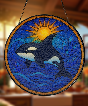 Stunning Orca Stained Glass Sun Catcher - Handcrafted Ocean Decor For Home & Garden