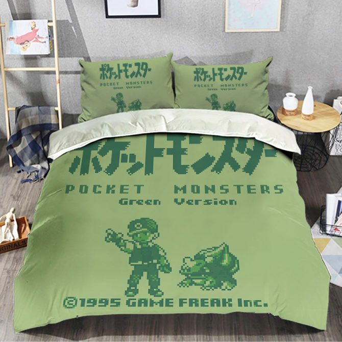 Retro Pocket Monsters Green Bedding Set - Cozy Gamer'S Dream For Kids & Adults