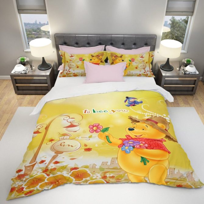 Cozy Kids' Winnie The Pooh Bedding Set - Bright Yellow Cartoon Duvet Cover & Pillowcases - Image 3