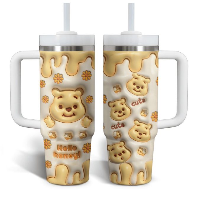 Cute Honey Bear Tumbler With Handle & Straw - Adorable Floral Design For Kids & Adults - 24Oz
